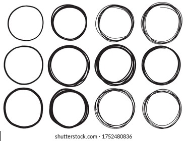 hand drawn scribble circle lines. Doodle circular logo design sketch white background abstract isolated elements.