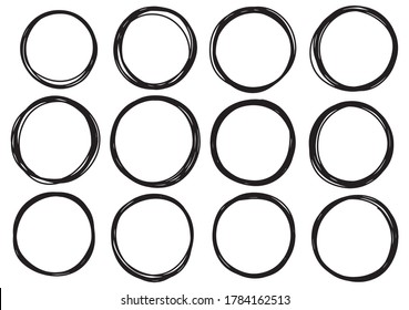 hand drawn scribble circle lines. Doodle circular logo design sketch white background abstract isolated elements.