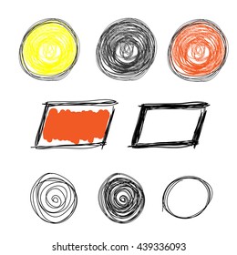 Hand drawn Scribble circle, oval, rectangle, border elements in trendy grunge style. Colorful pencil doodles set of shapes, frames isolated on white background. Vector illustration. Doodles. Sketch