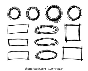 Hand drawn scribble circle shapes, rectangle shape pencil, pen or marker. Vector illustration.