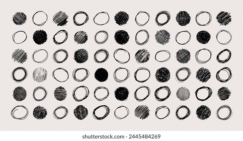 Hand drawn scribble circles.  Big set of  pencil drawings black doodle design elements in the shape of a circles on transparent background. Vector illustration