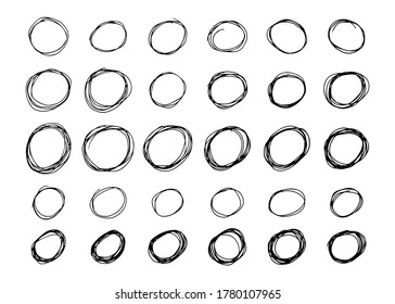 Hand drawn scribble circles.  Set of thirty black doodle round circular design elements on white background. Vector illustration