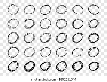 Hand drawn scribble circles.  Set of thirty black doodle round circular design elements on transparent background. Vector illustration