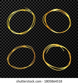 Hand drawn scribble circles.  Set of four gold doodle round circular design elements on dark transparent background. Vector illustration