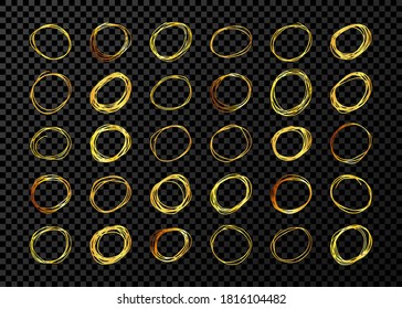 Hand drawn scribble circles.  Set of thirty gold doodle round circular design elements on dark transparent background. Vector illustration