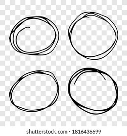 Hand drawn scribble circles.  Set of four black doodle round circular design elements on transparent background. Vector illustration