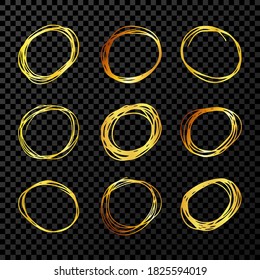 Hand drawn scribble circles.  Set of nine gold doodle round circular design elements on dark transparent background. Vector illustration