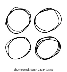 Hand drawn scribble circles.  Set of four black doodle round circular design elements on white background. Vector illustration