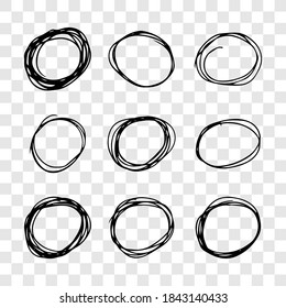 Hand drawn scribble circles.  Set of nine black doodle round circular design elements on transparent background. Vector illustration