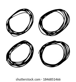 Hand drawn scribble circles.  Set of four black doodle round circular design elements on white background. Vector illustration