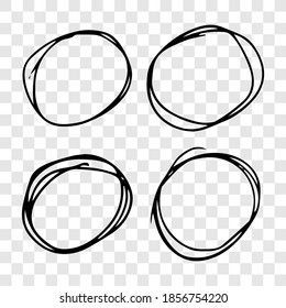 Hand drawn scribble circles.  Set of four black doodle round circular design elements on transparent background. Vector illustration