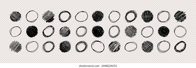 Hand drawn scribble circles.  Set of  pencil drawings black doodle design elements in the shape of a circles on transparent background. Vector illustration