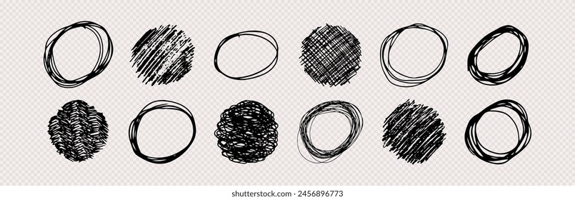 Hand drawn scribble circles.  Set of  pencil drawings black doodle design elements in the shape of a circles on transparent background. Vector illustration