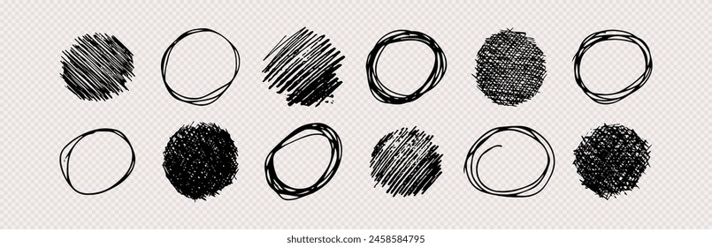 Hand drawn scribble circles.  Set of  pencil drawings black doodle design elements in the shape of a circles on transparent background. Vector illustration