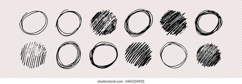 Hand drawn scribble circles.  Set of  pencil drawings black doodle design elements in the shape of a circles on transparent background. Vector illustration