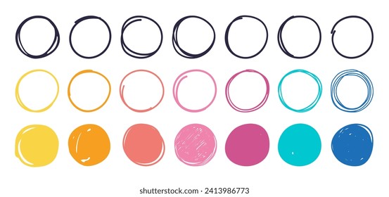 Dibujar a mano círculos coloridos y etiquetas con conjunto de vectores de texto. Diseño de logotipos y elementos de decoración