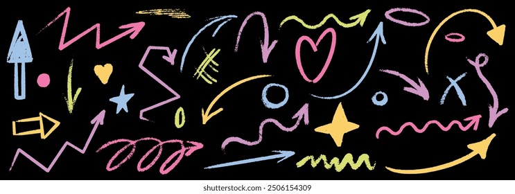 Hand drawn scribble crayon arrow set. Squiggle doodle arrow and star set. Crayon texture shape naive. Vector illustration