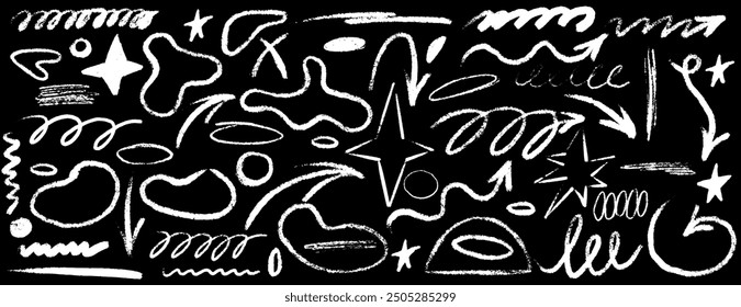 Hand drawn scribble crayon set. Squiggle doodle arrow, line and star set. Crayon texture shape naive. Vector illustration
