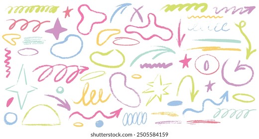 Hand drawn scribble crayon set. Squiggle doodle arrow, line and star set. Crayon texture shape naive. Vector illustration