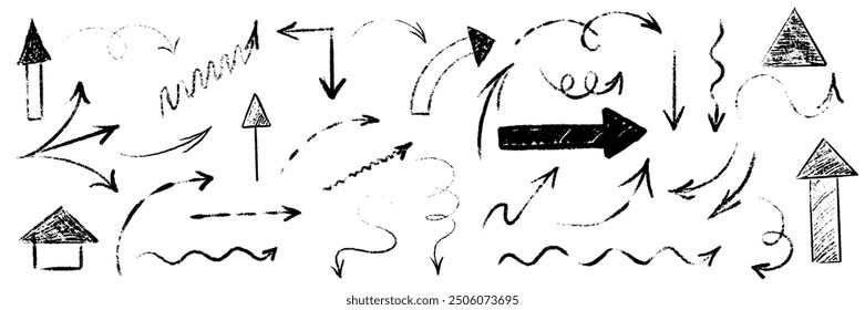 Hand drawn scribble crayon set. Squiggle doodle arrow star set. Crayon texture shape naive. Vector illustration