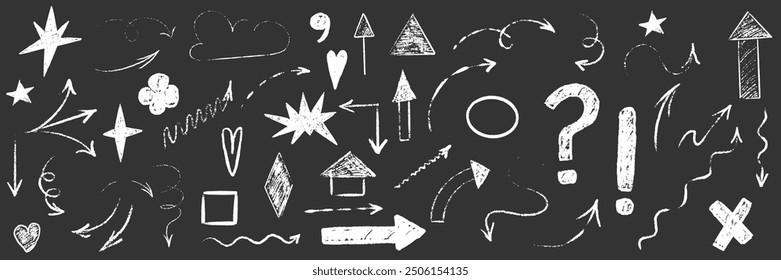 Hand drawn scribble crayon set. Squiggle doodle arrow, question and star set. Crayon texture shape naive. Vector illustration