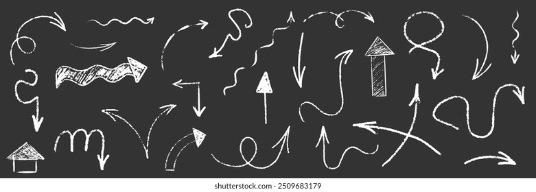 Hand drawn scribble crayon set. Squiggle doodle arrow star set. Crayon texture shape naive. Vector illustration