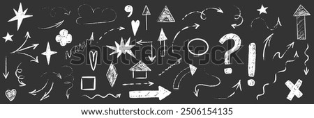 Hand drawn scribble crayon set. Squiggle doodle arrow, question and star set. Crayon texture shape naive. Vector illustration