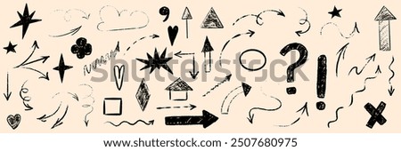 Hand drawn scribble crayon set. Squiggle doodle arrow, question and star set. Crayon texture shape naive. Vector illustration