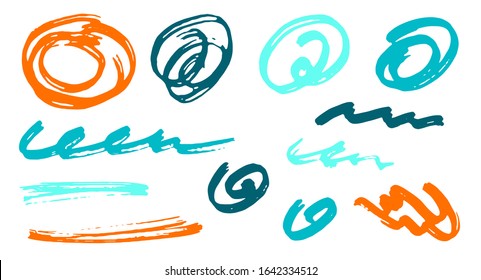Hand drawn scribble doodle design vector elements.  Cartoon marker traces. Paint brush strokes, round swirls, wavy lines. Scribble scratches, sketch doodle smears. Uneven freehand drawings.