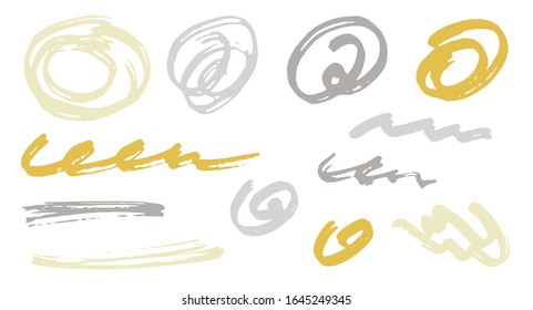 Elementos vectoriales de diseño de garabatos dibujados a mano.  Rastreo de marcadores de dibujos animados. Pintura de pinceladas, giros redondos, líneas onduladas. Arañazos de escarcha, bocear manchas de doodle. Dibujos abstractos de mano libre.