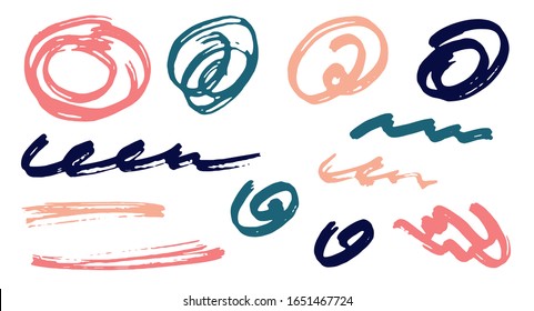 Handgezeichnete Schreib-Doodle-Design-Vektorillustration Elemente.  Entwurf der Markierungsspuren. Pinselstriche, runde Schwenken, gewellte Linien. Schriftzüge kratzt, Sketch-Doodle-Blöcke. Graffiti-Freehand-Zeichnungen.