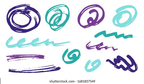 Elementos vectoriales de diseño de garabatos dibujados a mano.  Rastreo de marcadores de dibujos animados. Trazos de pincel acrílico, giros redondos, líneas onduladas. Arañazos de escarcha, bocear daubs de doodle. Dibujos de graffiti a mano libre.