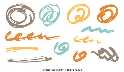 Hand drawn scribble doodle design vector elements.  Cartoon marker traces. Ink brush strokes, circular swirls, wave lines. Scribble scratches, sketch doodle daubs. Abstract freehand drawings.