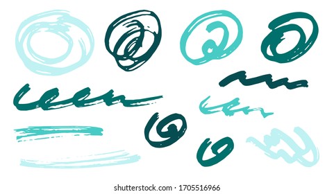 Hand drawn scribble doodle design vector elements.  Isolated marker traces. Paint brush strokes, circular swirls, wave lines. Scribble scratches, sketch doodle blots. Abstract freehand drawings.