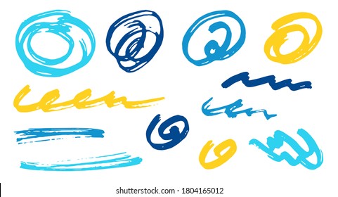 Elementos vectoriales de diseño de garabatos dibujados a mano.  Rastreo de marcadores de dibujos animados. Pulsaciones de pincel de tinta, giros circulares, líneas de onda. Arañazos de escrúpulos, bocear daubs de doodle. Dibujos abstractos a mano alzada.