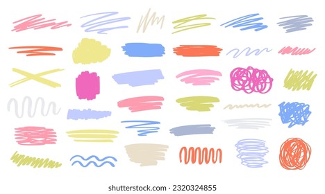 Hand Drawn Scribble Doodle Design Elements Set, Paint Brush Stroke Cutout Shapes Collection, Soft Pastel Colors Crayon Drawing