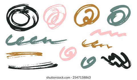Hand drawn scribble doodle design vector elements.  Cartoon marker traces. Paint brush strokes, circular swirls, wave lines. Scribble scratches, sketch doodle blots. Uneven freehand drawings.