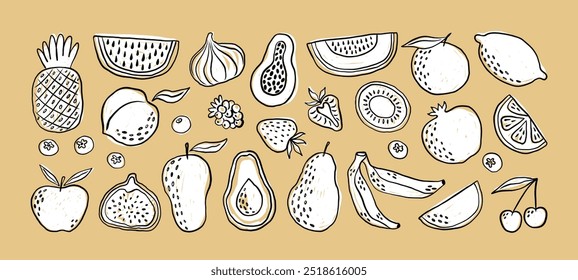 Mão desenhada rabiscar rabiscos frutas e bagas. Ilustração de vetor na moda com textura de lápis. Frutos tropicais naturais. Fig, cereja, maçã, pêssego, limão, abacate, abacaxi, melão. 