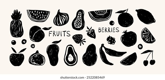 Hand drawn scribble doodle fruits and berries. Sketch style tropical fruits. Fig, cherry, apple, mango, peach, lemon, avocado, pineapple, melon. Pencil texture vector illustration.