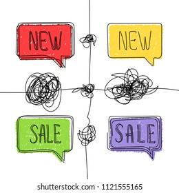 Hand Drawn Scribble Doodle Line Sketch Set of New and Sale Messages. Vector Design Elements. Pencil or Pen Graffiti Bubble or Line Art Draft Illustration