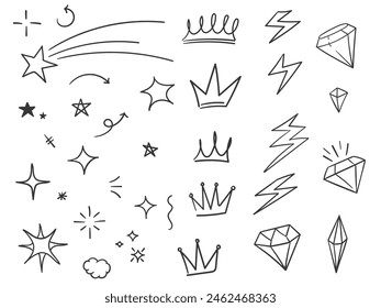 Hand drawn scribble, doodle stars crown, storm and diamond