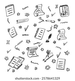 Hand drawn scribble doodle vector set. Abstract design elements notebook, scroll, star, flower in grunge style.