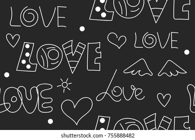 Hand drawn scribble doodles seamless pattern for valentines day. Romantic background with lettering love. Vector illustration