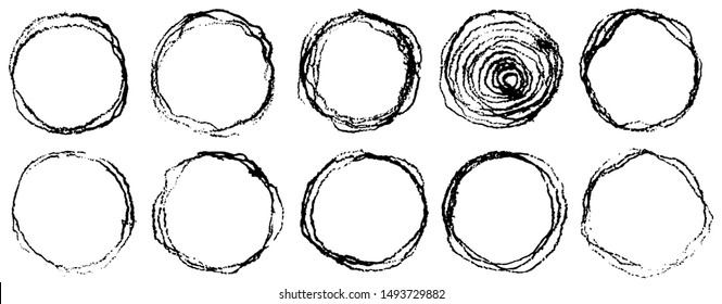 Hand Drawn Scribble Grunge Circles. Doodle Sketch Round Frames. Broken Distorted Line With Ripple Effect. Vector Logo Design Elements