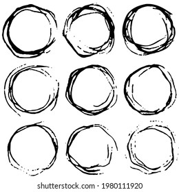 Hand drawn scribble grunge circles. Doodle sketch round frames. Broken distorted line with ripple effect. Vector logo design elements