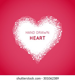 Hand drawn scribble  heart with lots of small dots on the red background. Vector illustration. Frame for Valentine's Day or declaration of love.