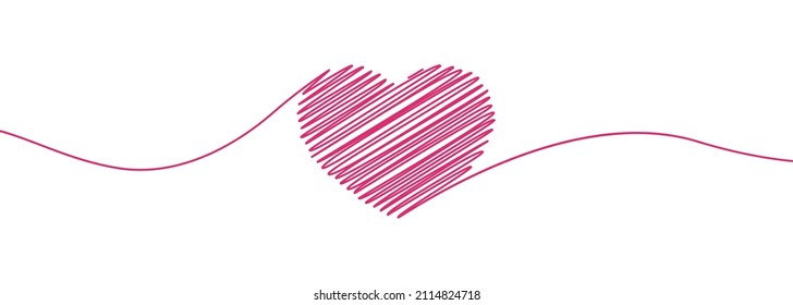 Hand drawn scribble heart with thin lines, divider shape. Pink line of hearts for Valentine's day. Isolated on a white background. Vector illustration