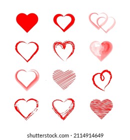 Hand drawn scribble hearts. painted heart shaped elements for valentines day greeting card. doodle red love hearts icons set. collection on romantic symbols on white background