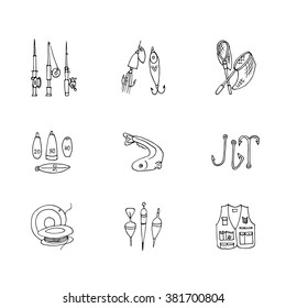 Hand drawn scribble icon set. Fishing gear collection. Basic black stroke.