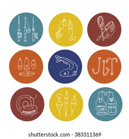 Hand drawn scribble icon set. Fishing gear collection. Round brown and blue natural colors background with white  fishing kit.